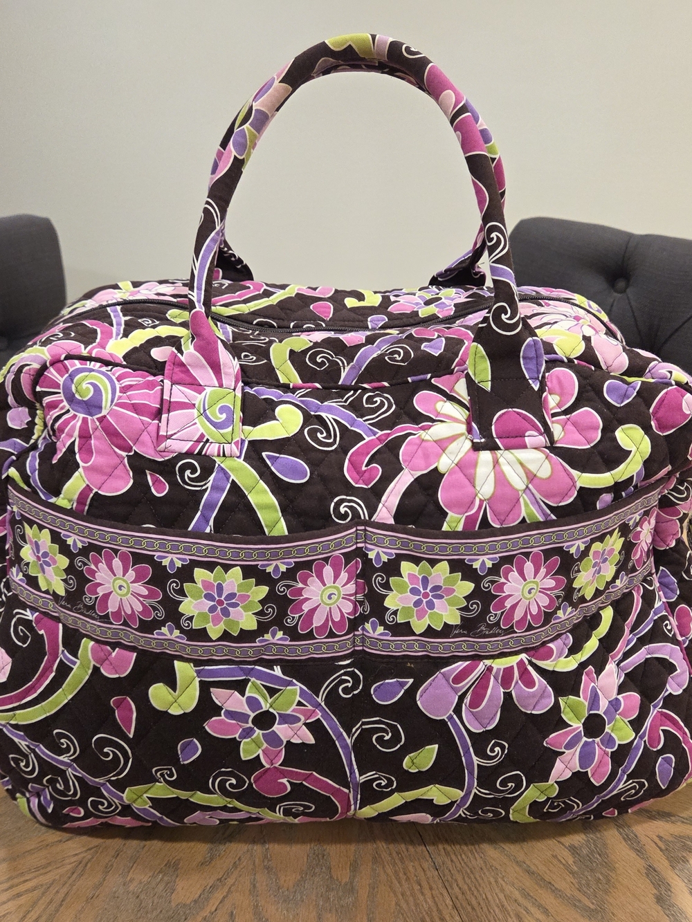 Vera Bradley Brown Quilted Floral Tote with Pink, Green & Lavender